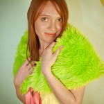 Crazy Neon Green Monster Fur Shrug with Pink Lining & Pink Polka Dot Ties